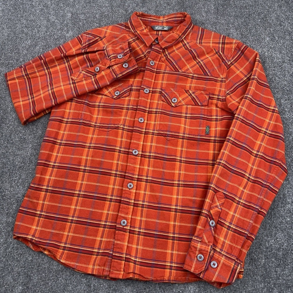 Stio Junction Midweight Flannel Shirt Men's Medium Orange Long Sleeve Hiking